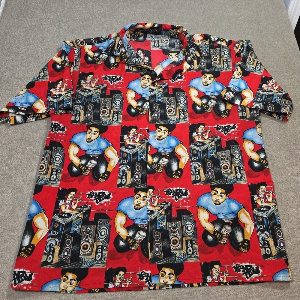 VTG Y2K Up Roc NYC Subway Graffiti Hip Hop Short Sleeve Button Up Shirt Mens L